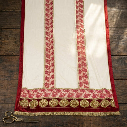 Sanskriti Vintage White-Red Net Dupatta/Stole Hand Embroidery Premium Dabka Veil