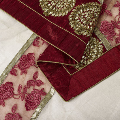 Sanskriti Vintage White-Red Net Dupatta/Stole Hand Embroidery Premium Dabka Veil
