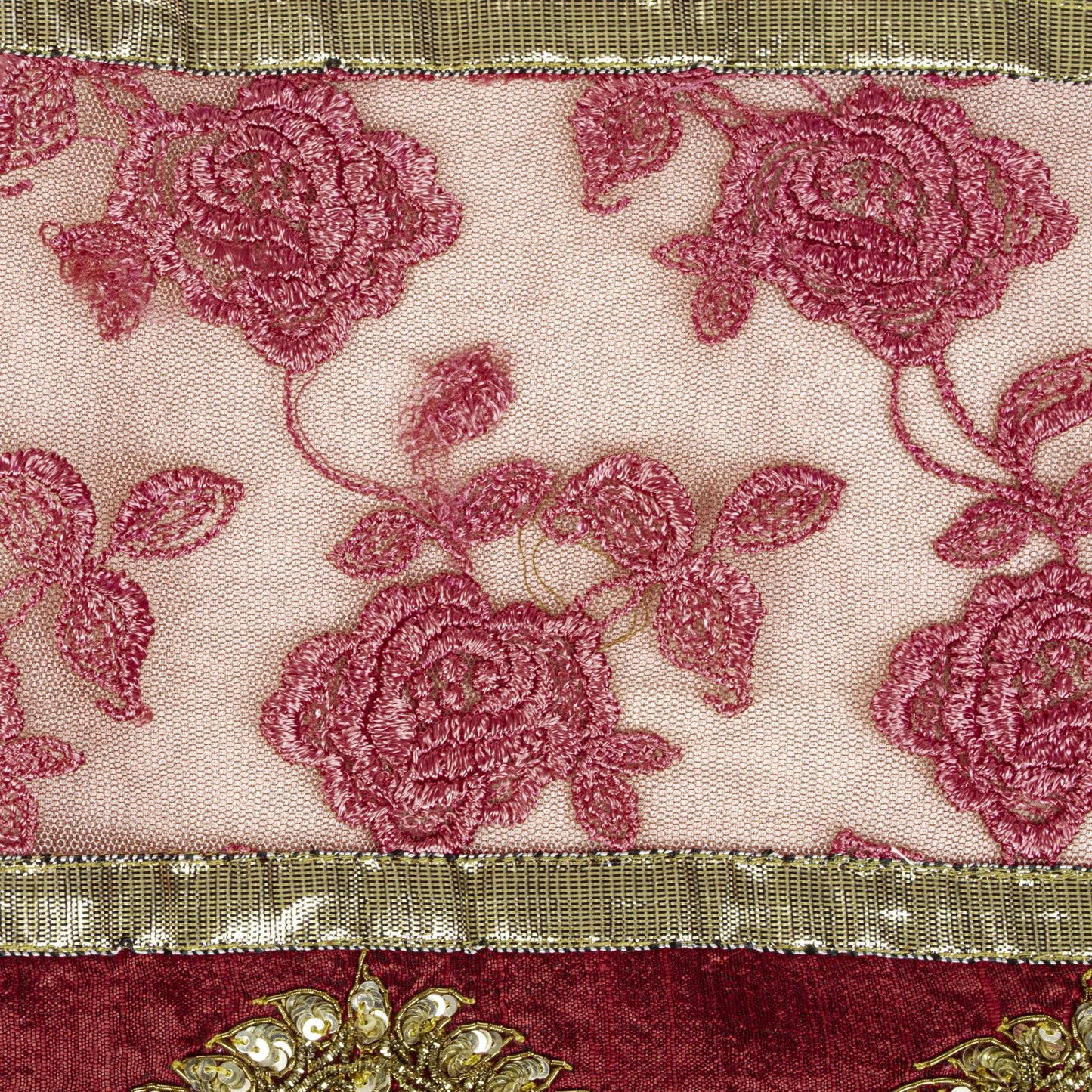 Sanskriti Vintage White-Red Net Dupatta/Stole Hand Embroidery Premium Dabka Veil
