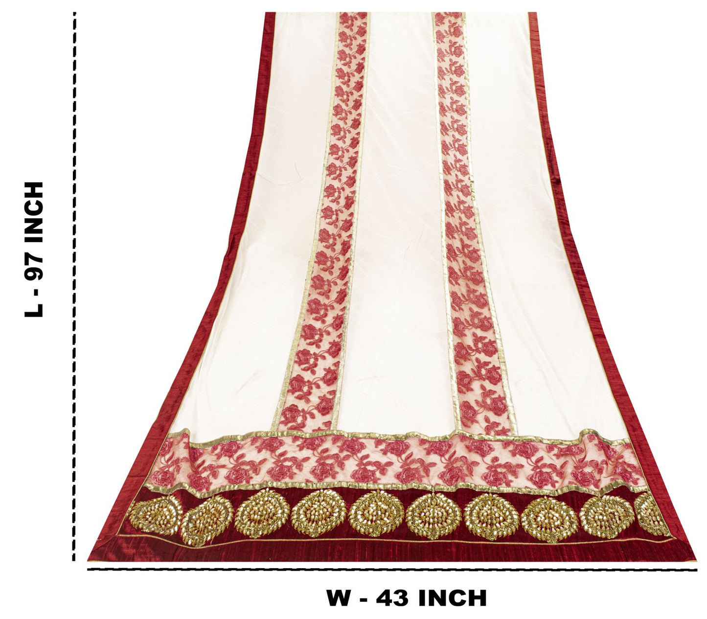 Sanskriti Vintage White-Red Net Dupatta/Stole Hand Embroidery Premium Dabka Veil