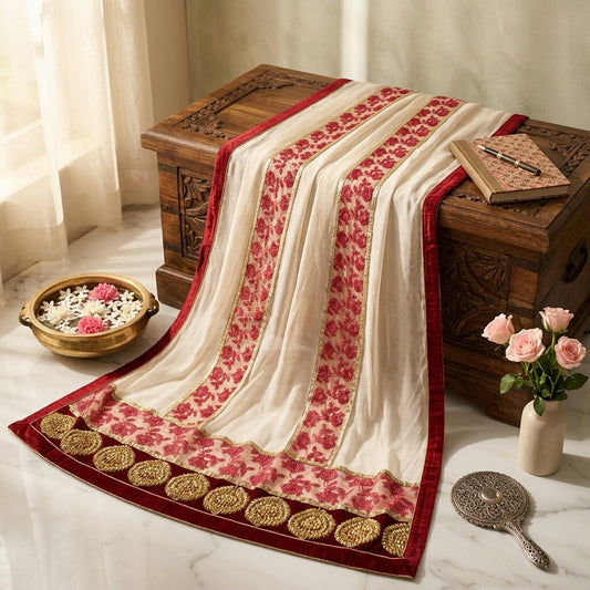 Sanskriti Vintage White-Red Net Dupatta/Stole Hand Embroidery Premium Dabka Veil