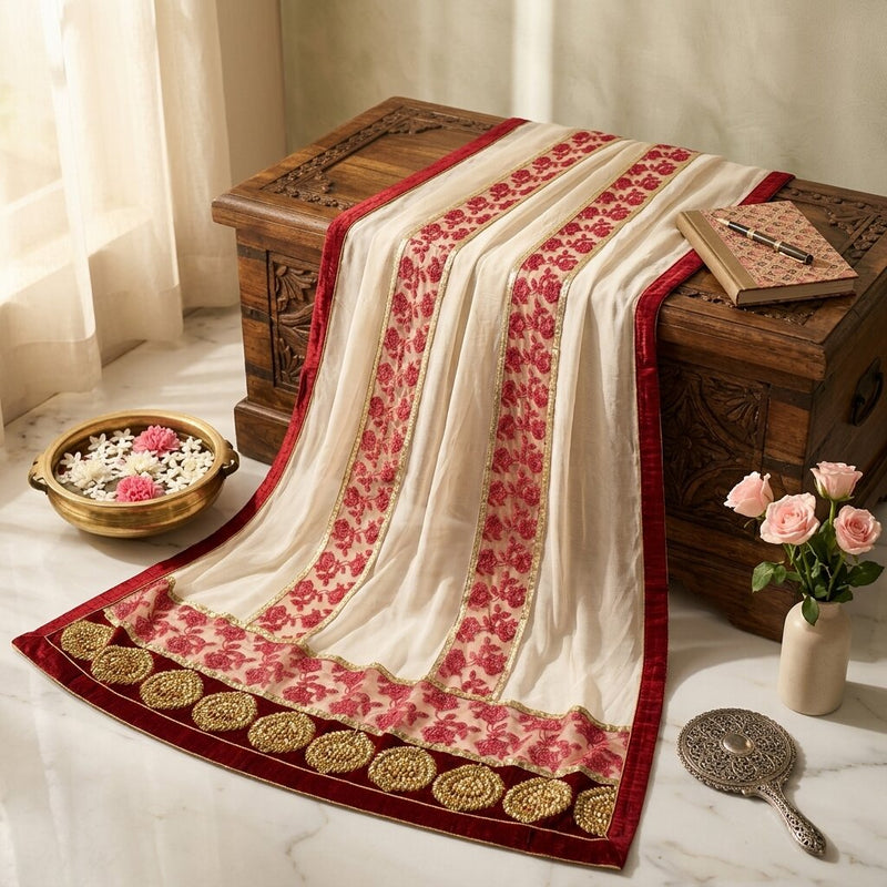 Sanskriti Vintage White-Red Net Dupatta/Stole Hand Embroidery Premium Dabka Veil