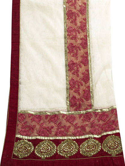 Sanskriti Vintage White-Red Net Dupatta/Stole Hand Embroidery Premium Dabka Veil