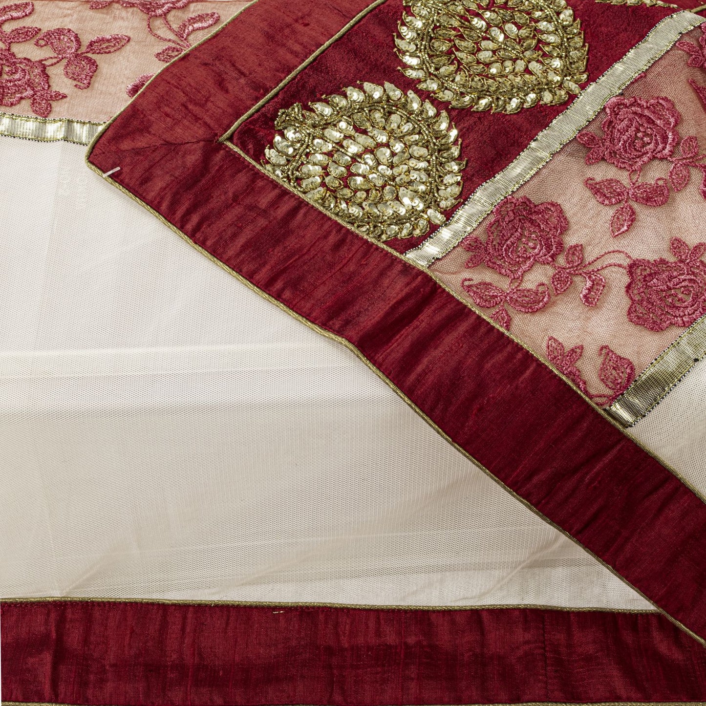 Sanskriti Vintage White-Red Net Dupatta/Stole Hand Embroidery Premium Dabka Veil