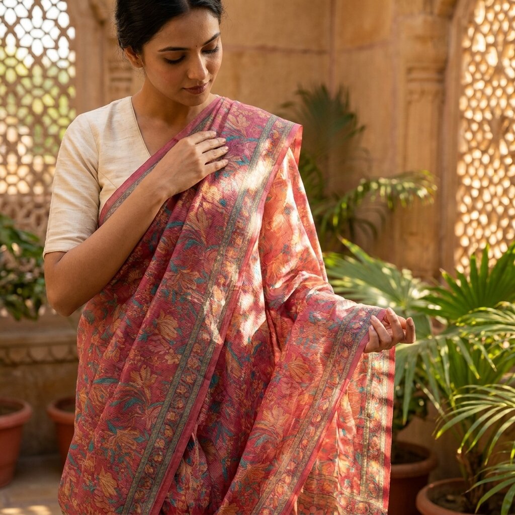 Sanskriti Vintage Pink Pure Georgette Dupatta/Stole Floral Printed Indian Veil