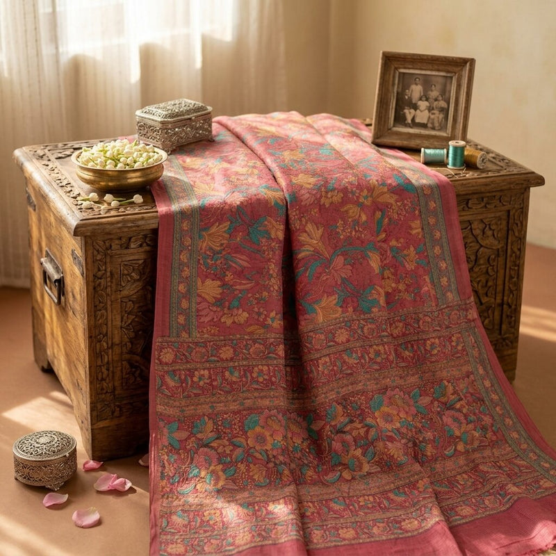 Sanskriti Vintage Pink Pure Georgette Dupatta/Stole Floral Printed Indian Veil