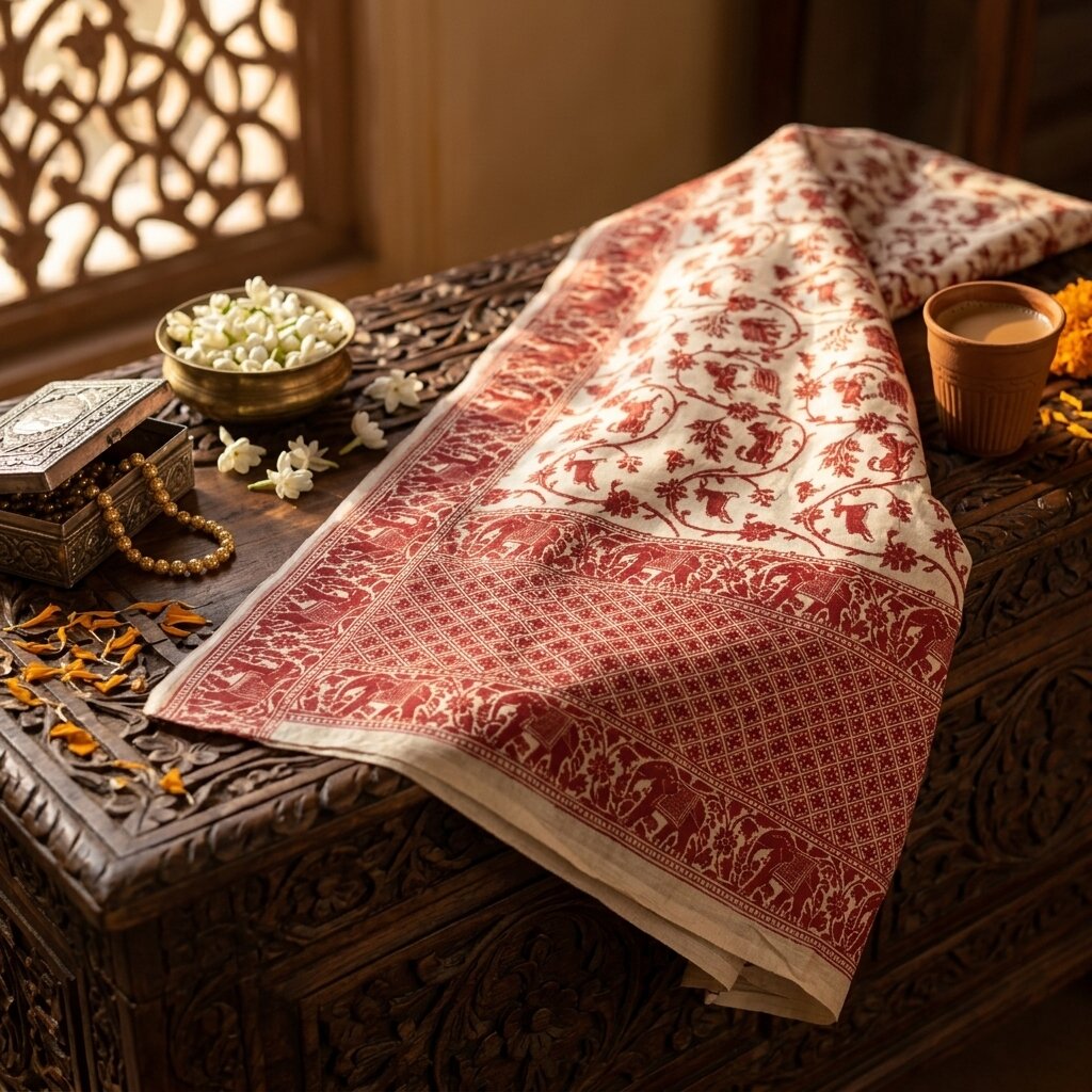 Sanskriti Vintage White Blend Cotton Dupatta/Stole Banarasi Shikargah Brocade