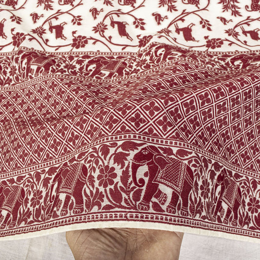 Sanskriti Vintage White Blend Cotton Dupatta/Stole Banarasi Shikargah Brocade