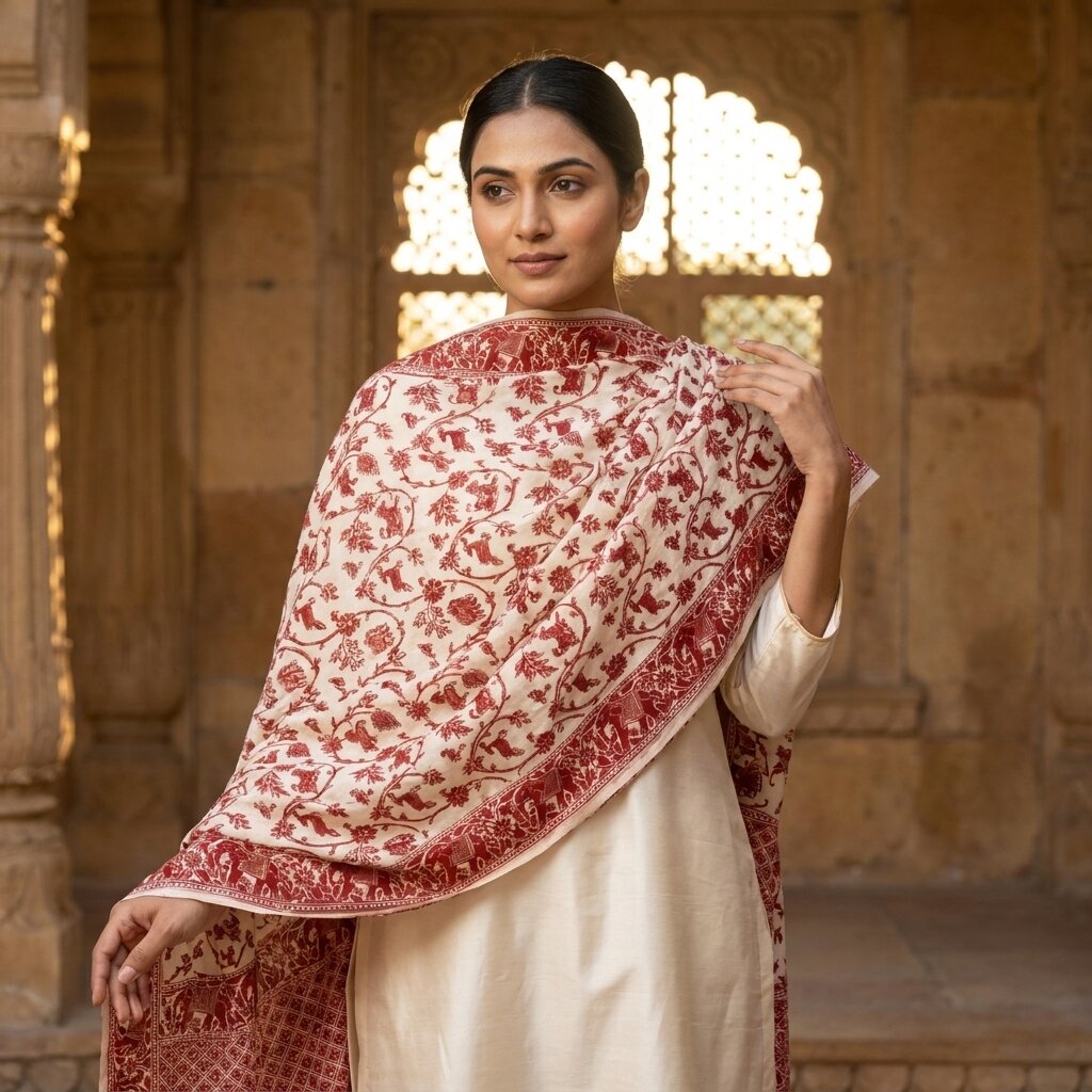 Sanskriti Vintage White Blend Cotton Dupatta/Stole Banarasi Shikargah Brocade