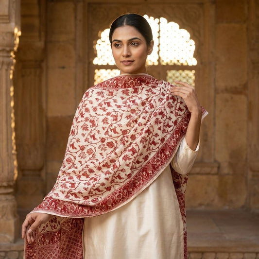 Sanskriti Vintage White Blend Cotton Dupatta/Stole Banarasi Shikargah Brocade