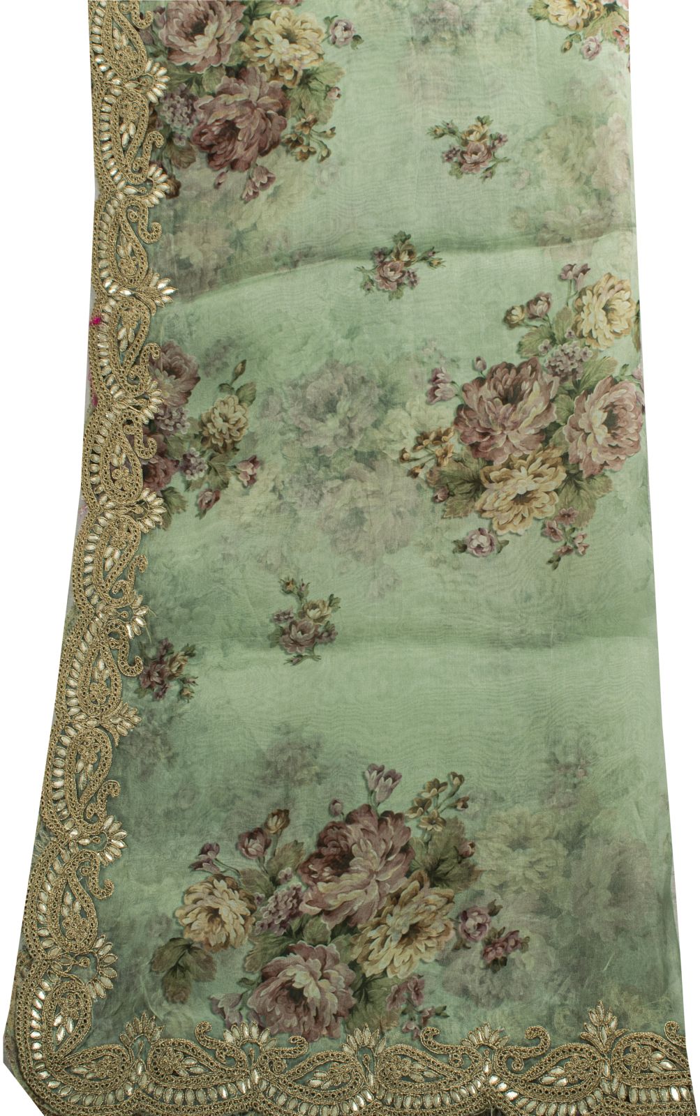 Sanskriti Vintage Green Pure Organza Dupatta/Stole Digital Print-GotaBorder Veil