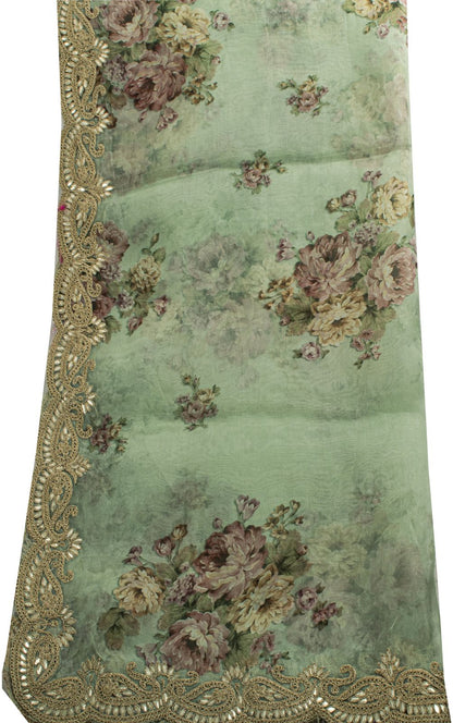 Sanskriti Vintage Green Pure Organza Dupatta/Stole Digital Print-GotaBorder Veil