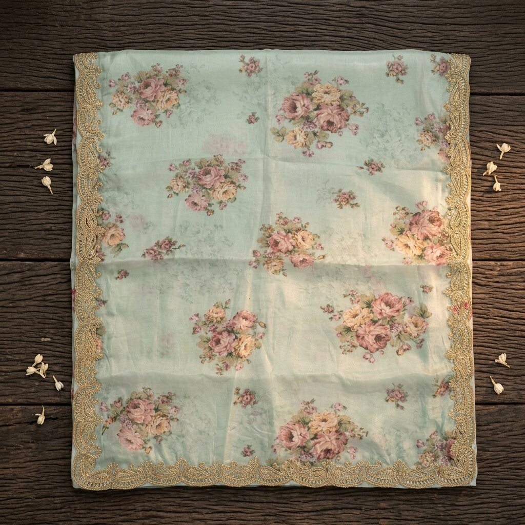 Sanskriti Vintage Green Pure Organza Dupatta/Stole Digital Print-GotaBorder Veil