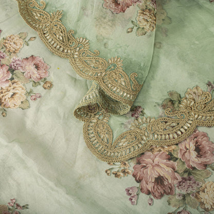 Sanskriti Vintage Green Pure Organza Dupatta/Stole Digital Print-GotaBorder Veil