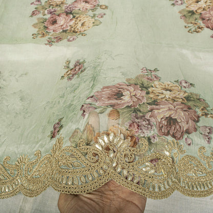 Sanskriti Vintage Green Pure Organza Dupatta/Stole Digital Print-GotaBorder Veil