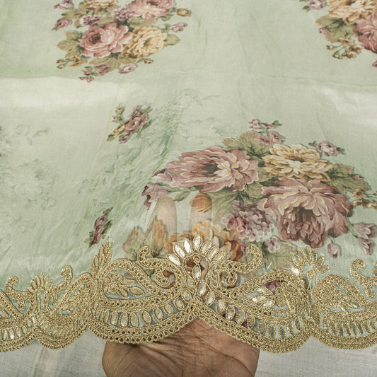 Sanskriti Vintage Green Pure Organza Dupatta/Stole Digital Print-GotaBorder Veil