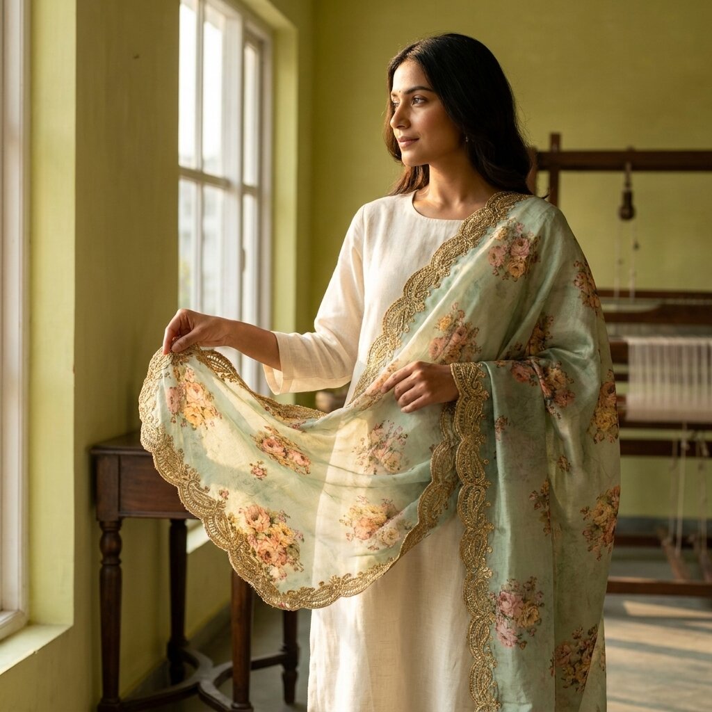 Sanskriti Vintage Green Pure Organza Dupatta/Stole Digital Print-GotaBorder Veil