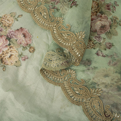 Sanskriti Vintage Green Pure Organza Dupatta/Stole Digital Print-GotaBorder Veil