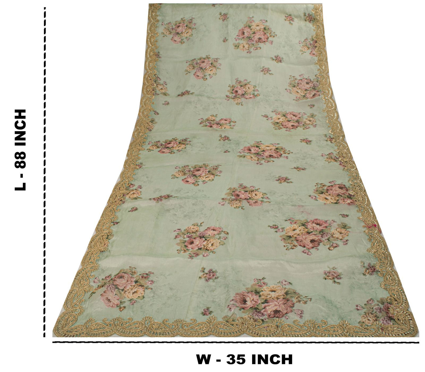 Sanskriti Vintage Green Pure Organza Dupatta/Stole Digital Print-GotaBorder Veil