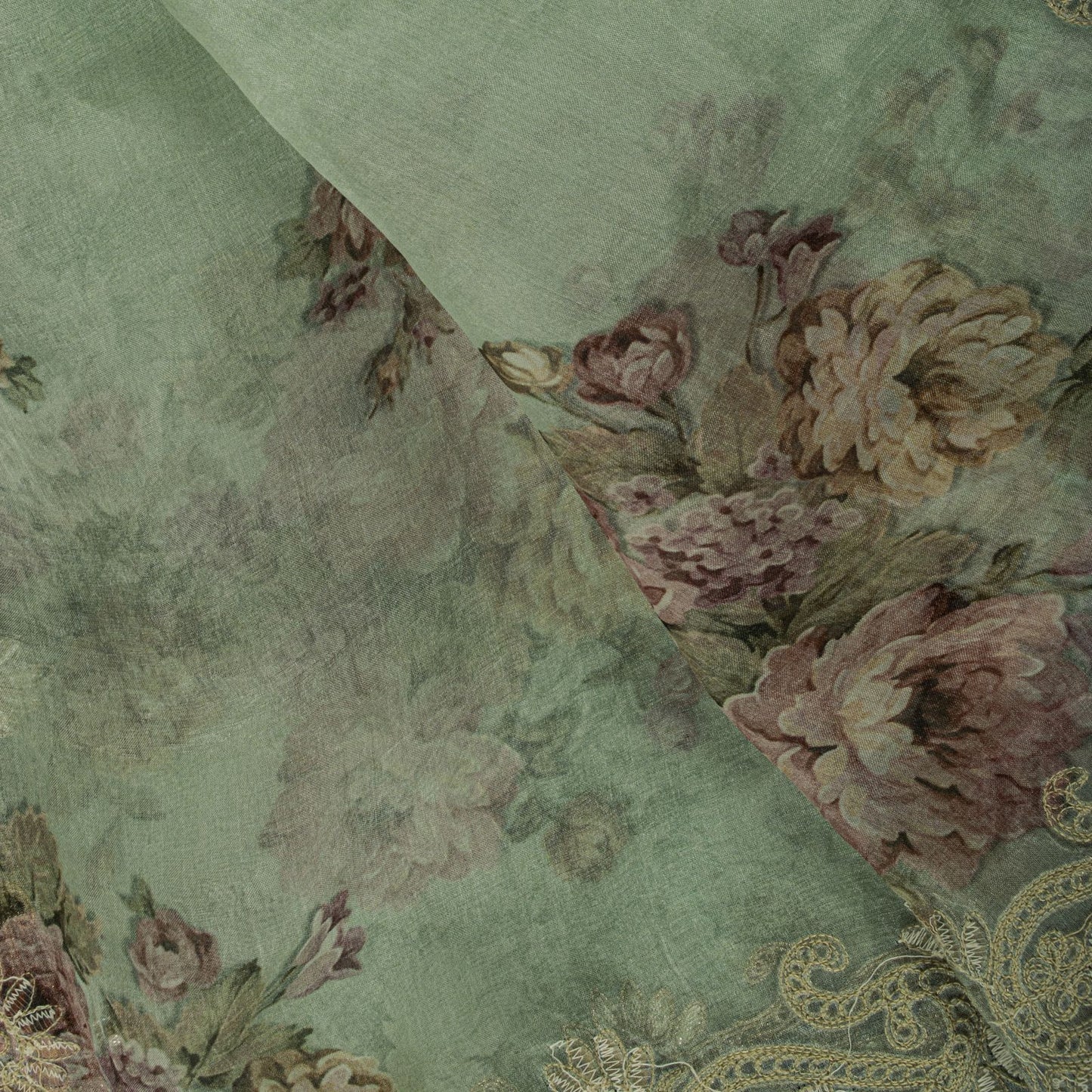 Sanskriti Vintage Green Pure Organza Dupatta/Stole Digital Print-GotaBorder Veil