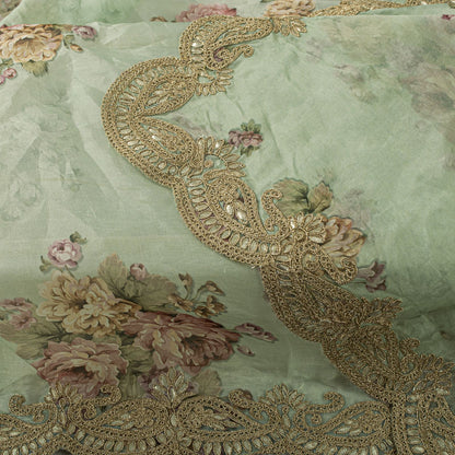 Sanskriti Vintage Green Pure Organza Dupatta/Stole Digital Print-GotaBorder Veil