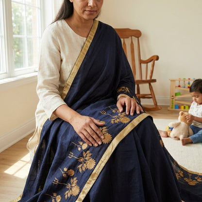 Sanskriti Vintage Blue Cotton Silk Dupatta/Stole Embroidered-Solid Premium Veil