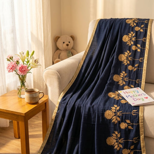 Sanskriti Vintage Blue Cotton Silk Dupatta/Stole Embroidered-Solid Premium Veil