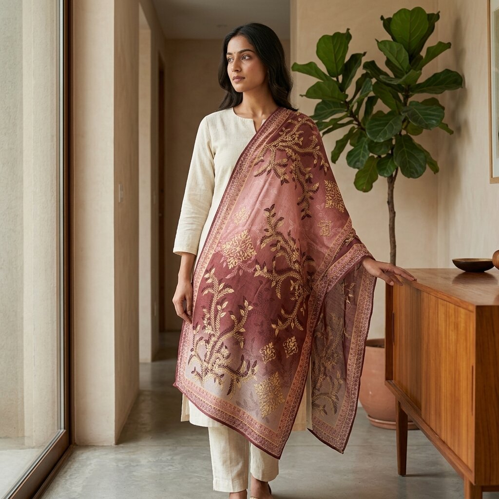 Sanskriti Vintage Brown Georgette Silk Dupatta/Stole Floral Printed Indian Veil
