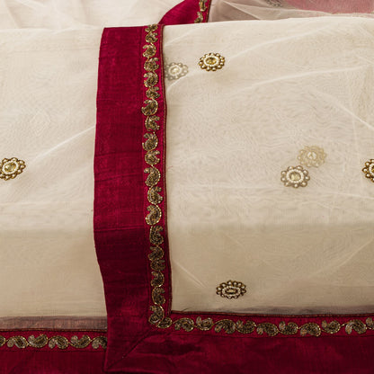 Sanskriti Vintage White Net Mesh Dupatta/Stole Hand Beaded Wedding Premium Veil