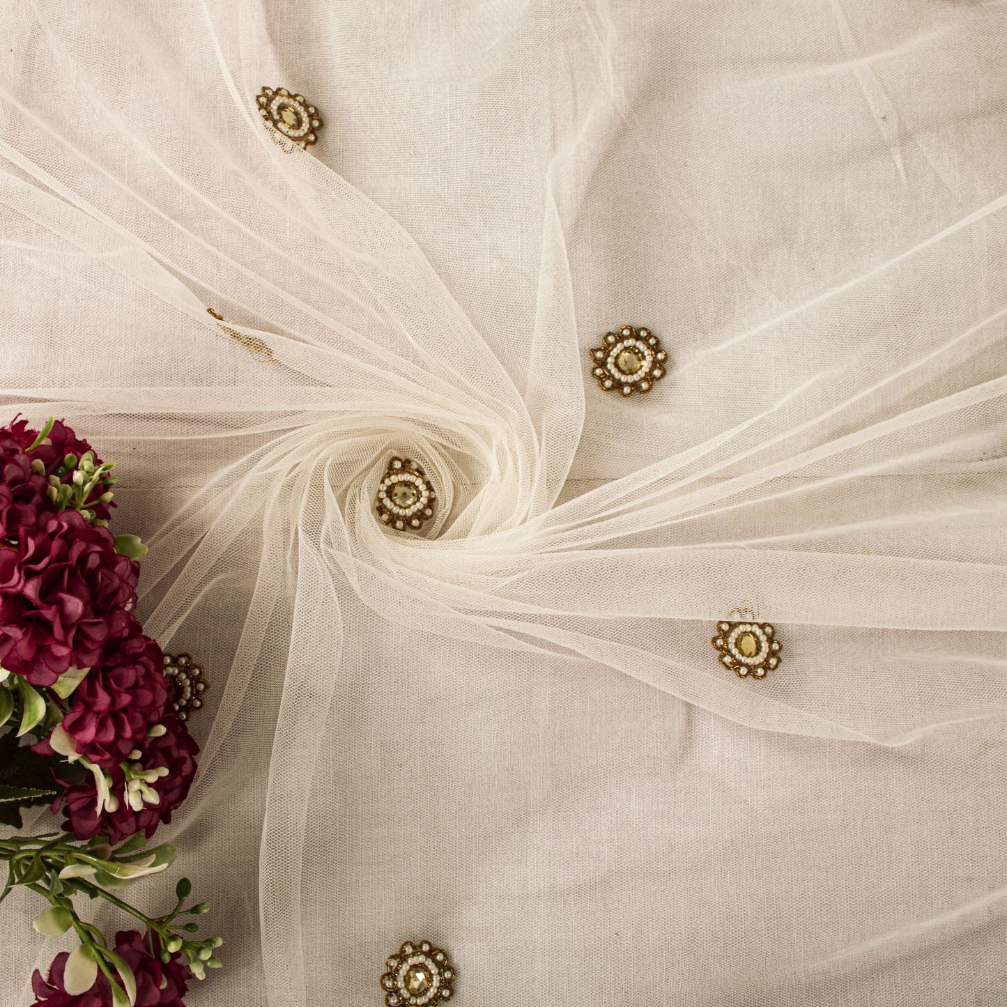 Sanskriti Vintage White Net Mesh Dupatta/Stole Hand Beaded Wedding Premium Veil