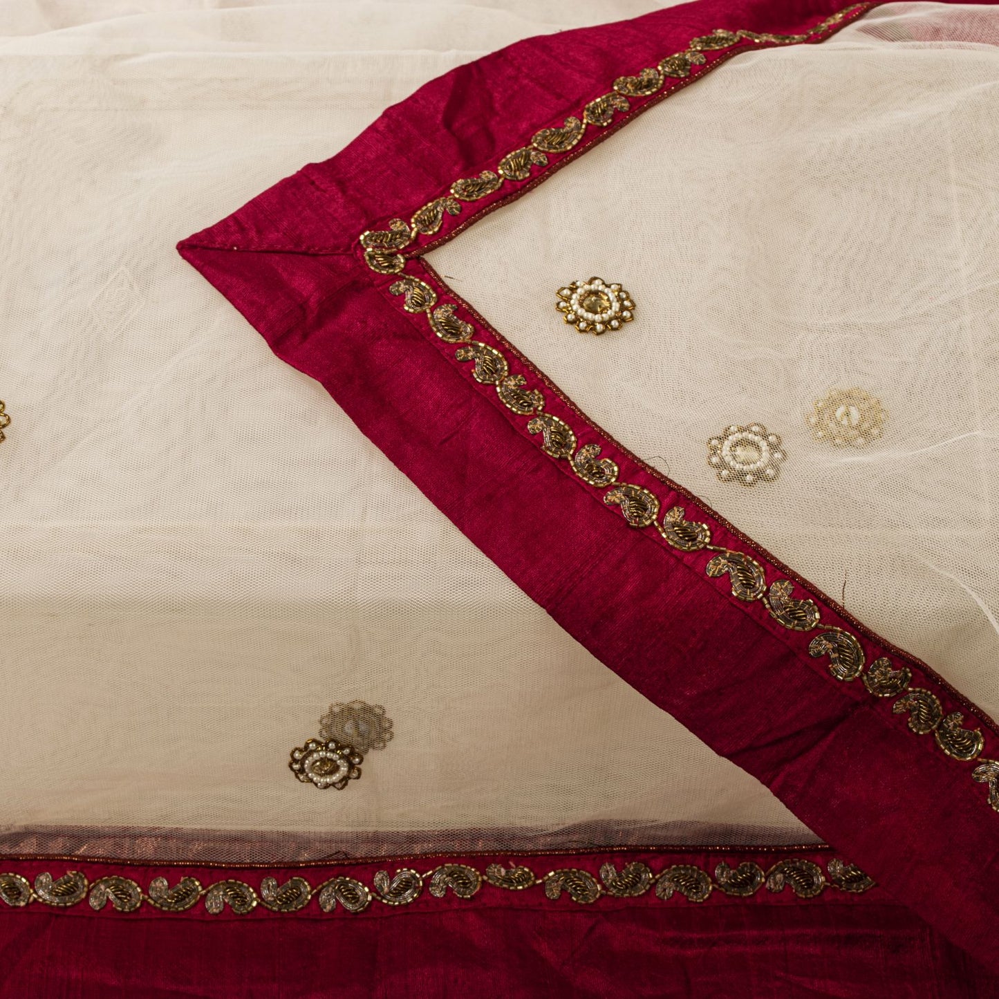 Sanskriti Vintage White Net Mesh Dupatta/Stole Hand Beaded Wedding Premium Veil
