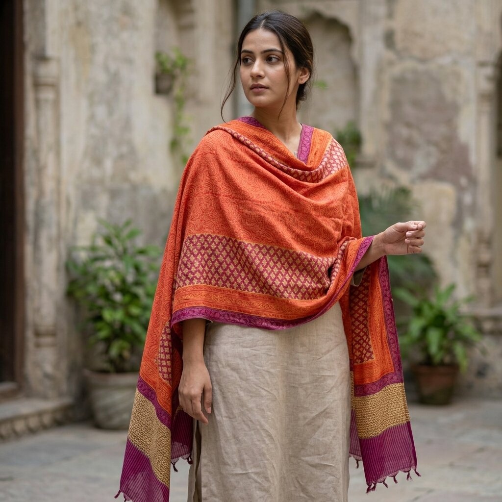 Sanskriti Vintage Orange Cotton Silk Dupatta/Stole Hand Block Print Indian Veil