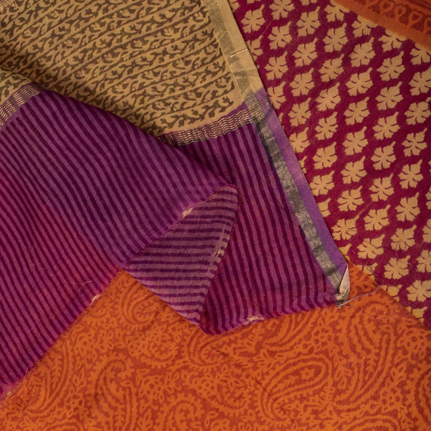Sanskriti Vintage Orange Cotton Silk Dupatta/Stole Hand Block Print Indian Veil