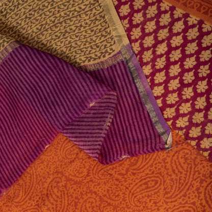 Sanskriti Vintage Orange Cotton Silk Dupatta/Stole Hand Block Print Indian Veil