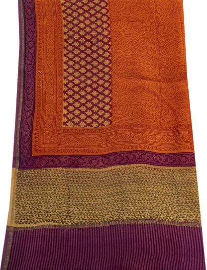 Sanskriti Vintage Orange Cotton Silk Dupatta/Stole Hand Block Print Indian Veil