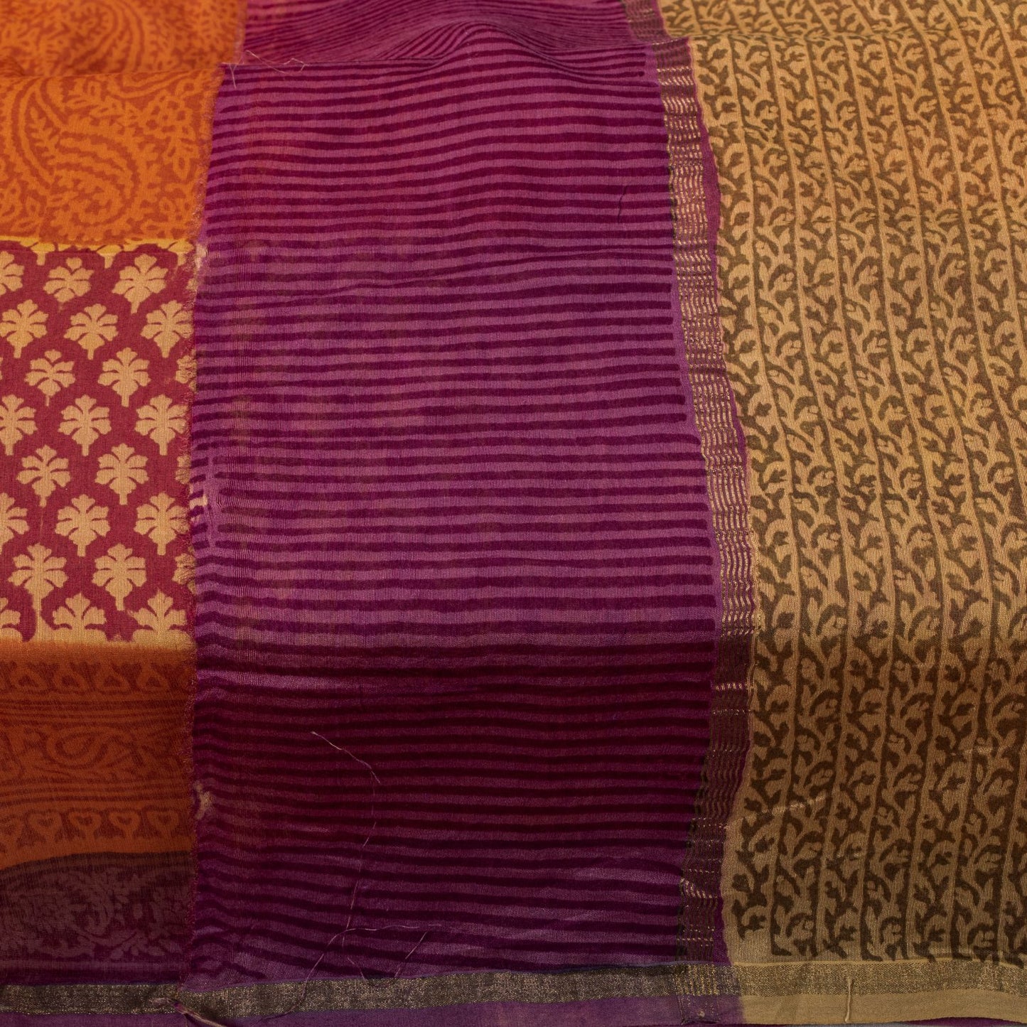 Sanskriti Vintage Orange Cotton Silk Dupatta/Stole Hand Block Print Indian Veil