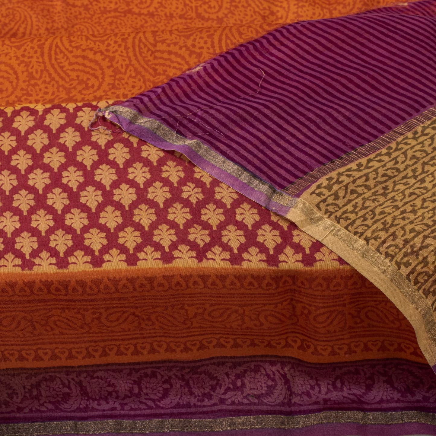Sanskriti Vintage Orange Cotton Silk Dupatta/Stole Hand Block Print Indian Veil