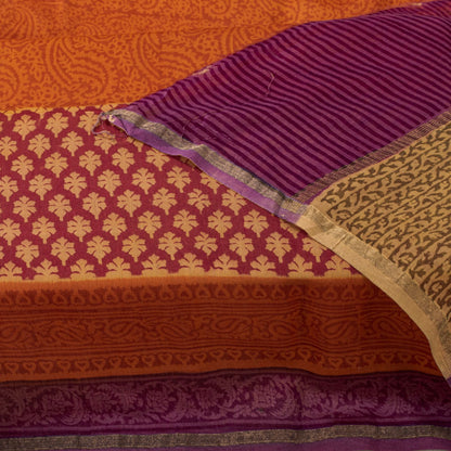 Sanskriti Vintage Orange Cotton Silk Dupatta/Stole Hand Block Print Indian Veil