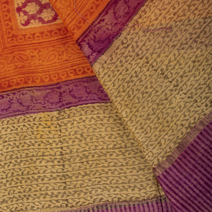Sanskriti Vintage Orange Cotton Silk Dupatta/Stole Hand Block Print Indian Veil