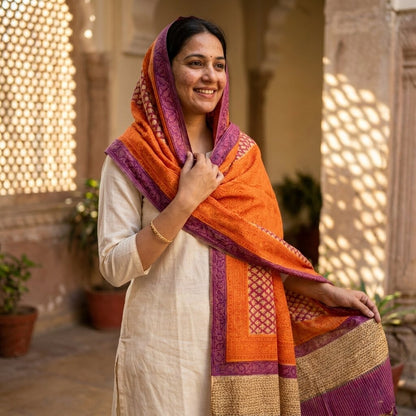 Sanskriti Vintage Orange Cotton Silk Dupatta/Stole Hand Block Print Indian Veil