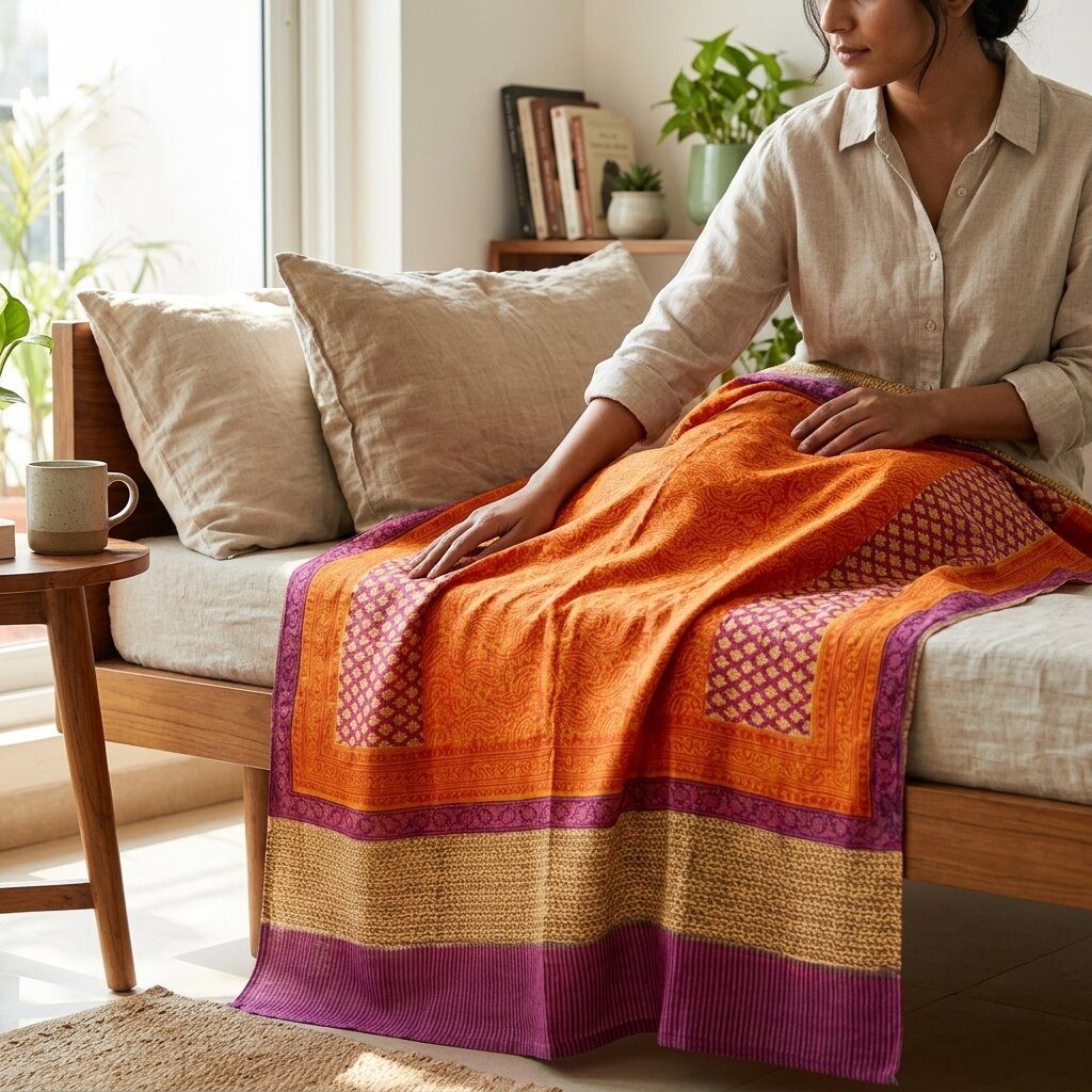 Sanskriti Vintage Orange Cotton Silk Dupatta/Stole Hand Block Print Indian Veil