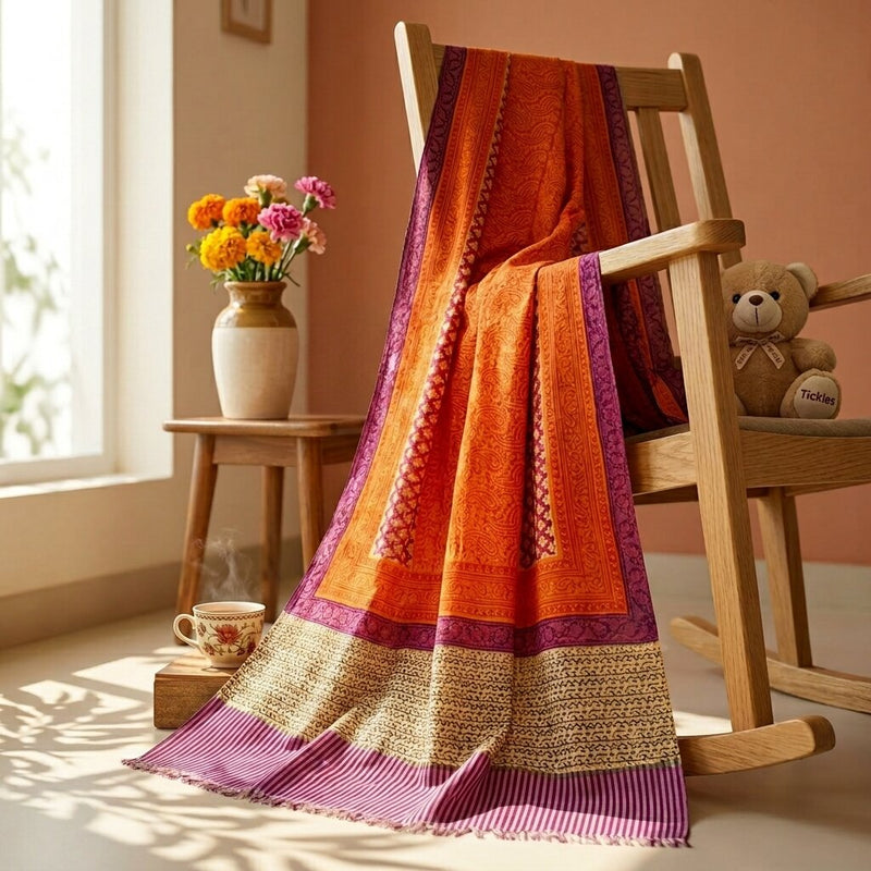 Sanskriti Vintage Orange Cotton Silk Dupatta/Stole Hand Block Print Indian Veil