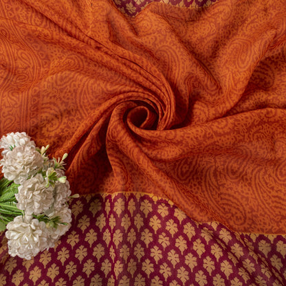 Sanskriti Vintage Orange Cotton Silk Dupatta/Stole Hand Block Print Indian Veil