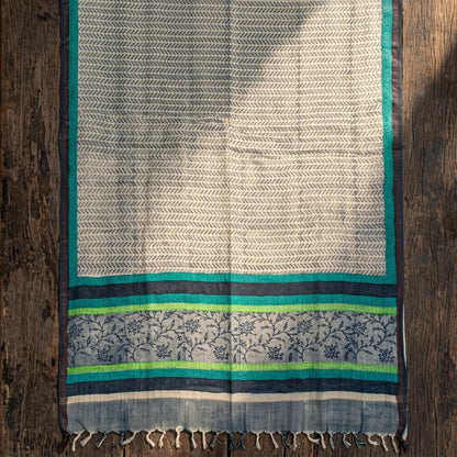 Sanskriti Vintage Gray Cotton Silk Dupatta/Stole Sanganeri Hand Block Print Veil