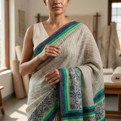 Sanskriti Vintage Gray Cotton Silk Dupatta/Stole Sanganeri Hand Block Print Veil