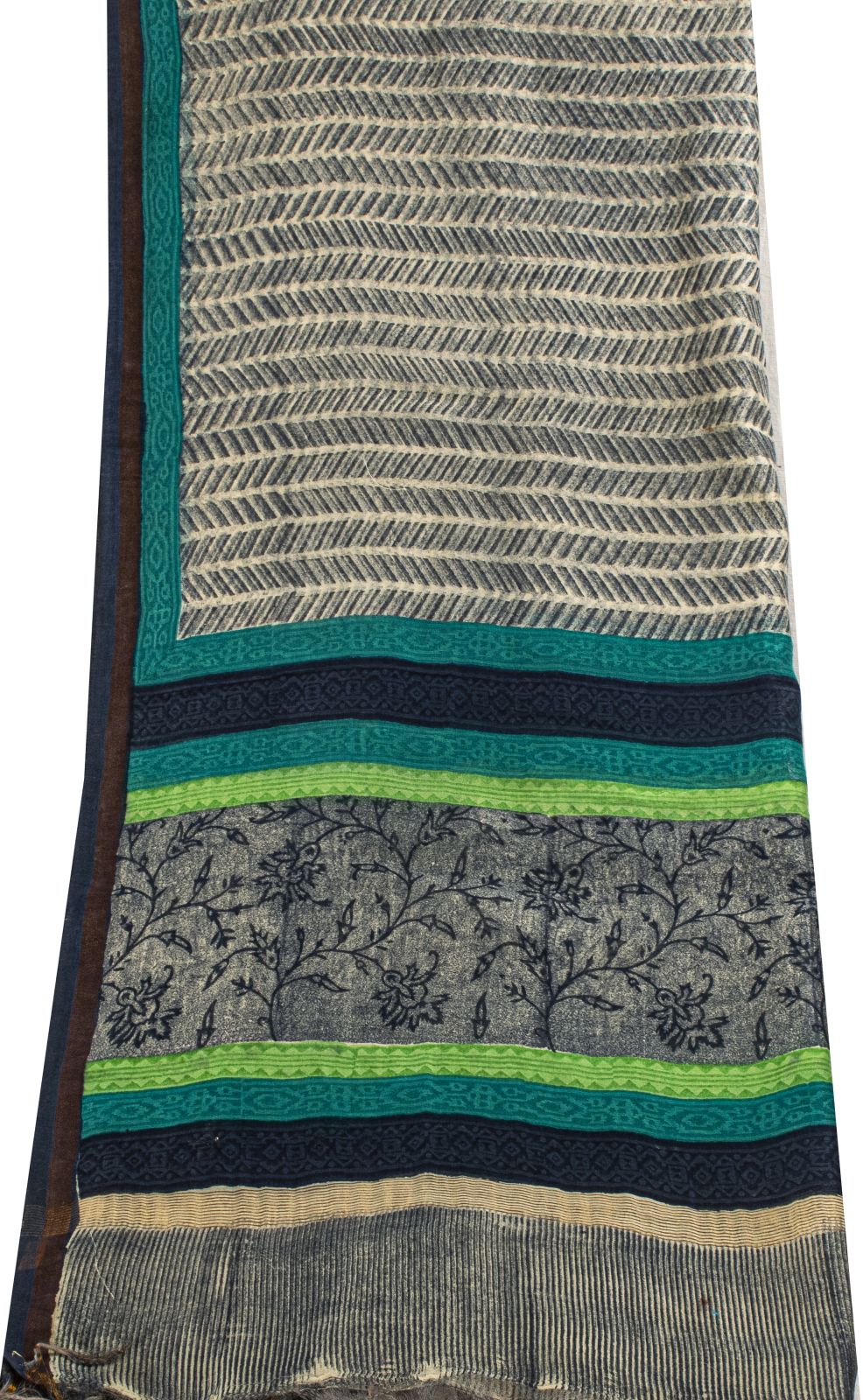 Sanskriti Vintage Gray Cotton Silk Dupatta/Stole Sanganeri Hand Block Print Veil