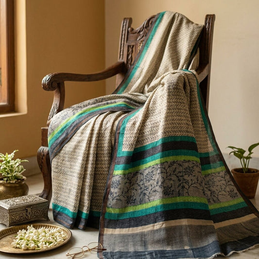 Sanskriti Vintage Gray Cotton Silk Dupatta/Stole Sanganeri Hand Block Print Veil