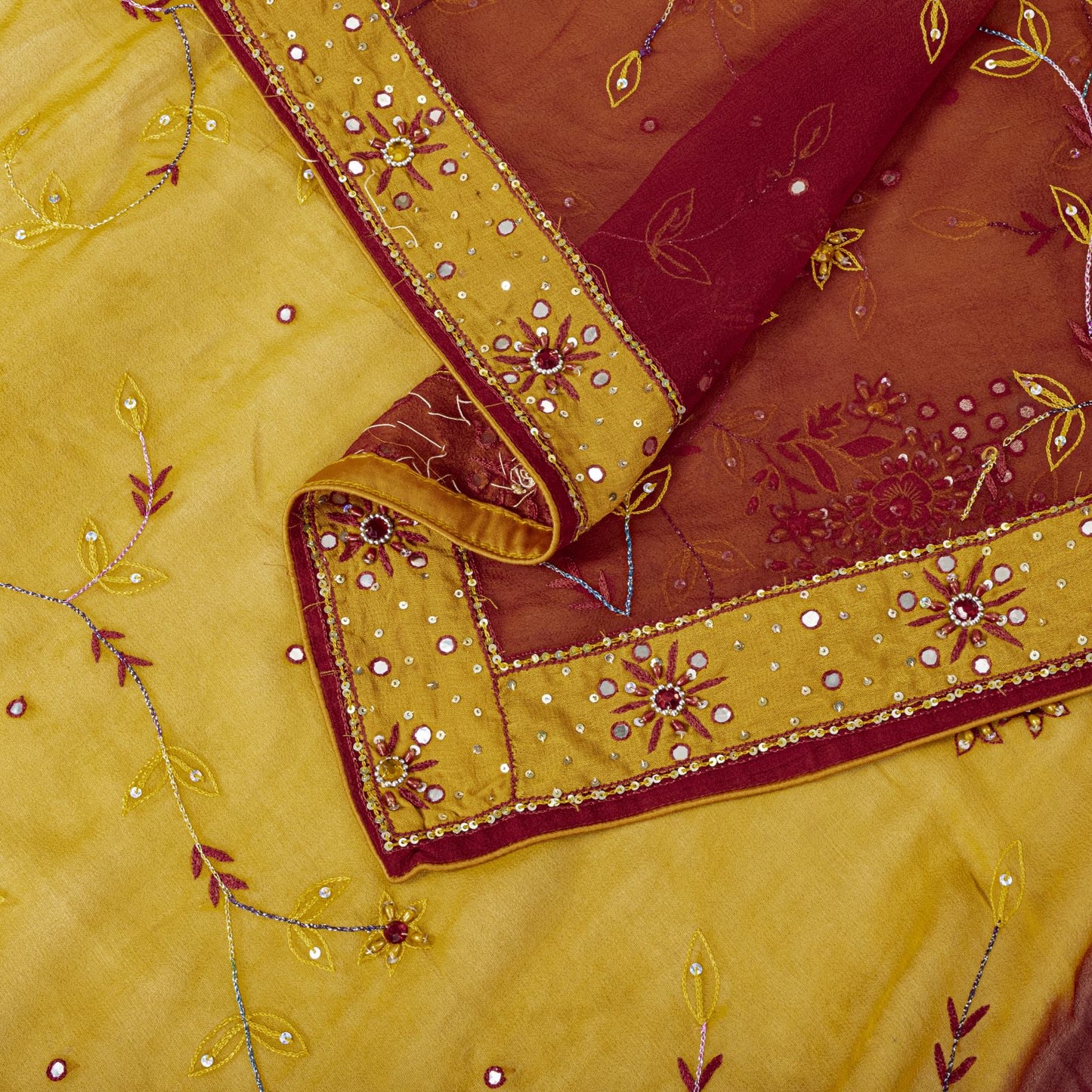 Sanskriti Vintage Yellow Pure Georgette Silk Dupatta Embroidered Beaded Zari DIY