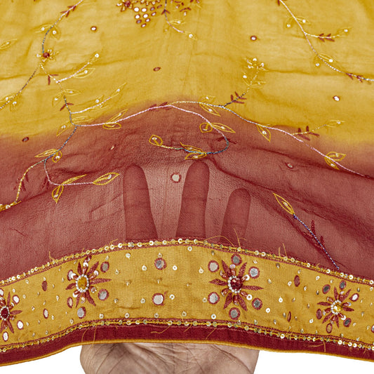 Sanskriti Vintage Yellow Pure Georgette Silk Dupatta Embroidered Beaded Zari DIY