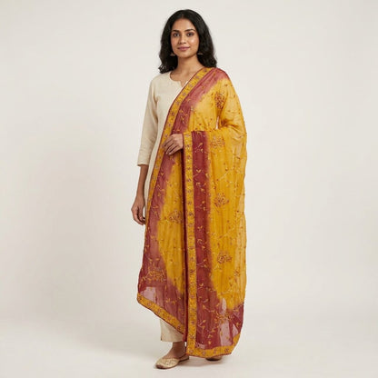 Sanskriti Vintage Yellow Pure Georgette Silk Dupatta Embroidered Beaded Zari DIY